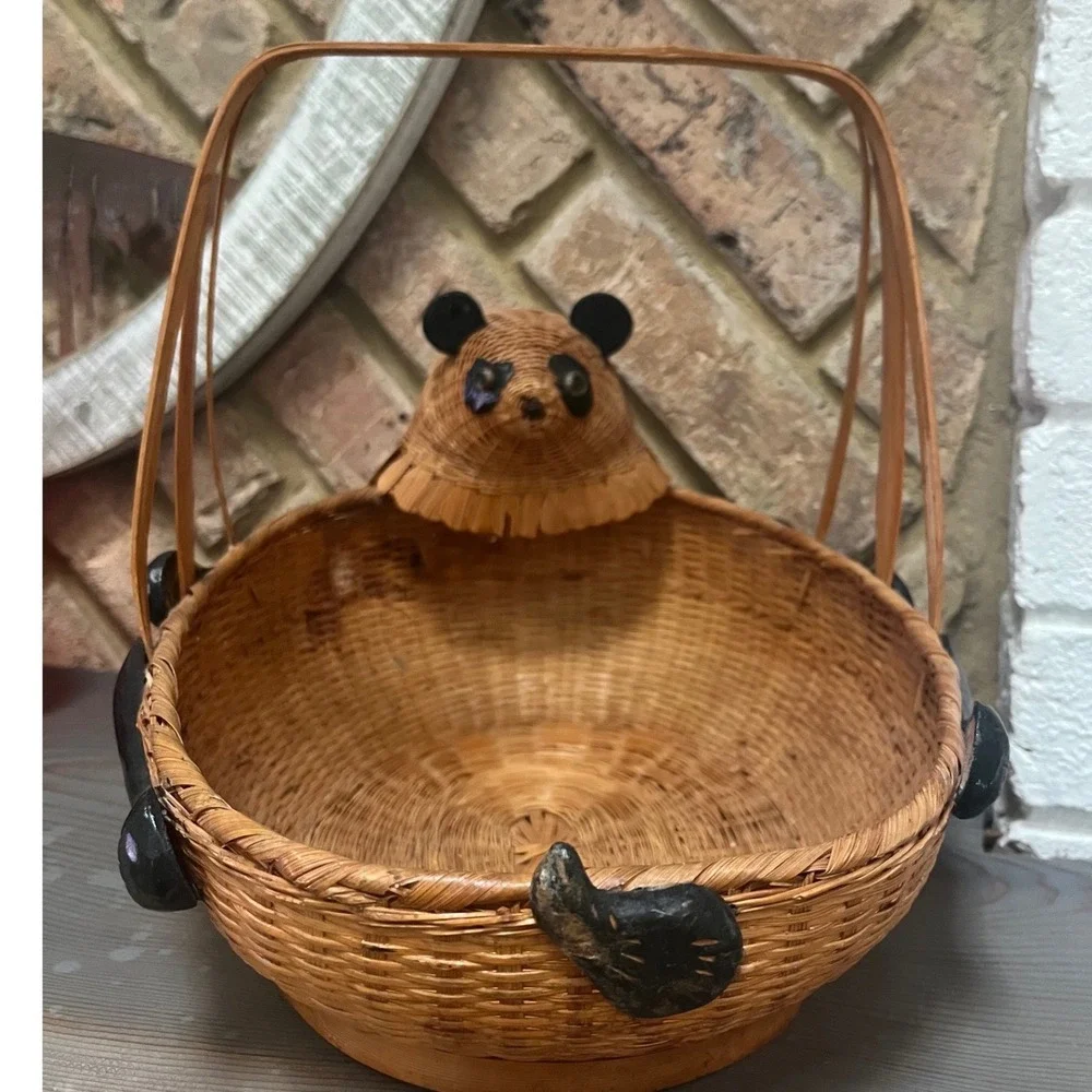 Vtg Shanghai Wicker Rare Panda basket wood and wicker Boho woven rattan Folk Art